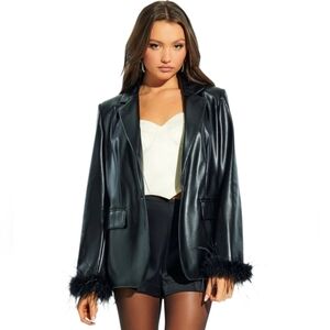 Faux Feather & Leather Black Blazer